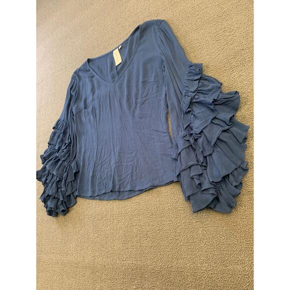 Guest Editor Women's XS  Blouse‎ Top Blue Tiered Frill Sleeve Rayon Crepe - Picture 13 of 14